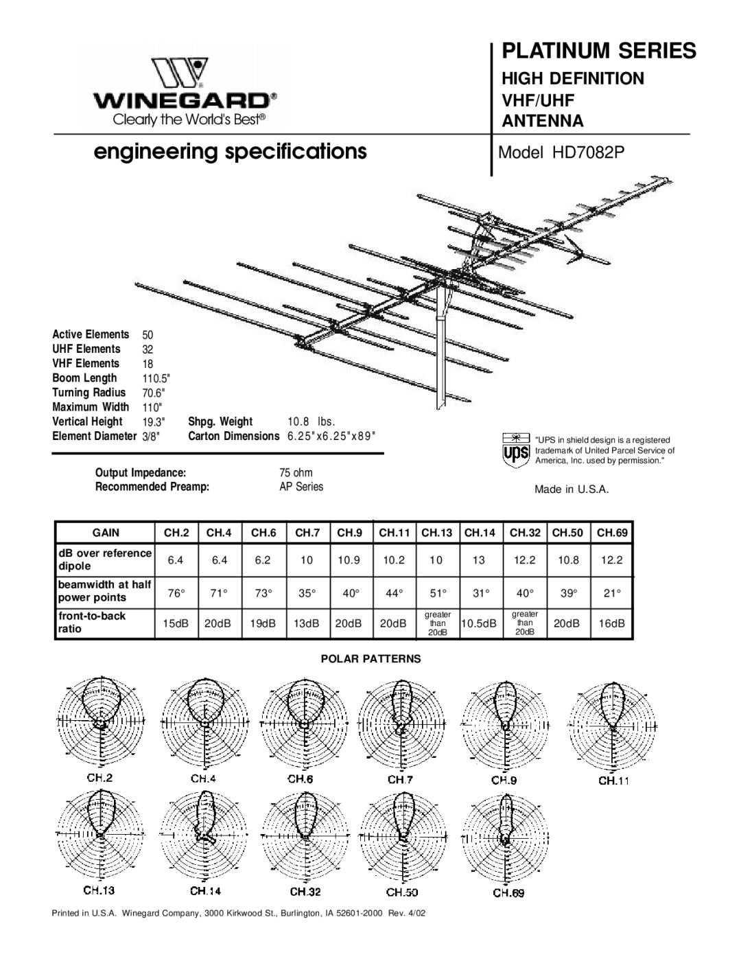 Winegard specifications Engineering specifications, Model HD7082P 