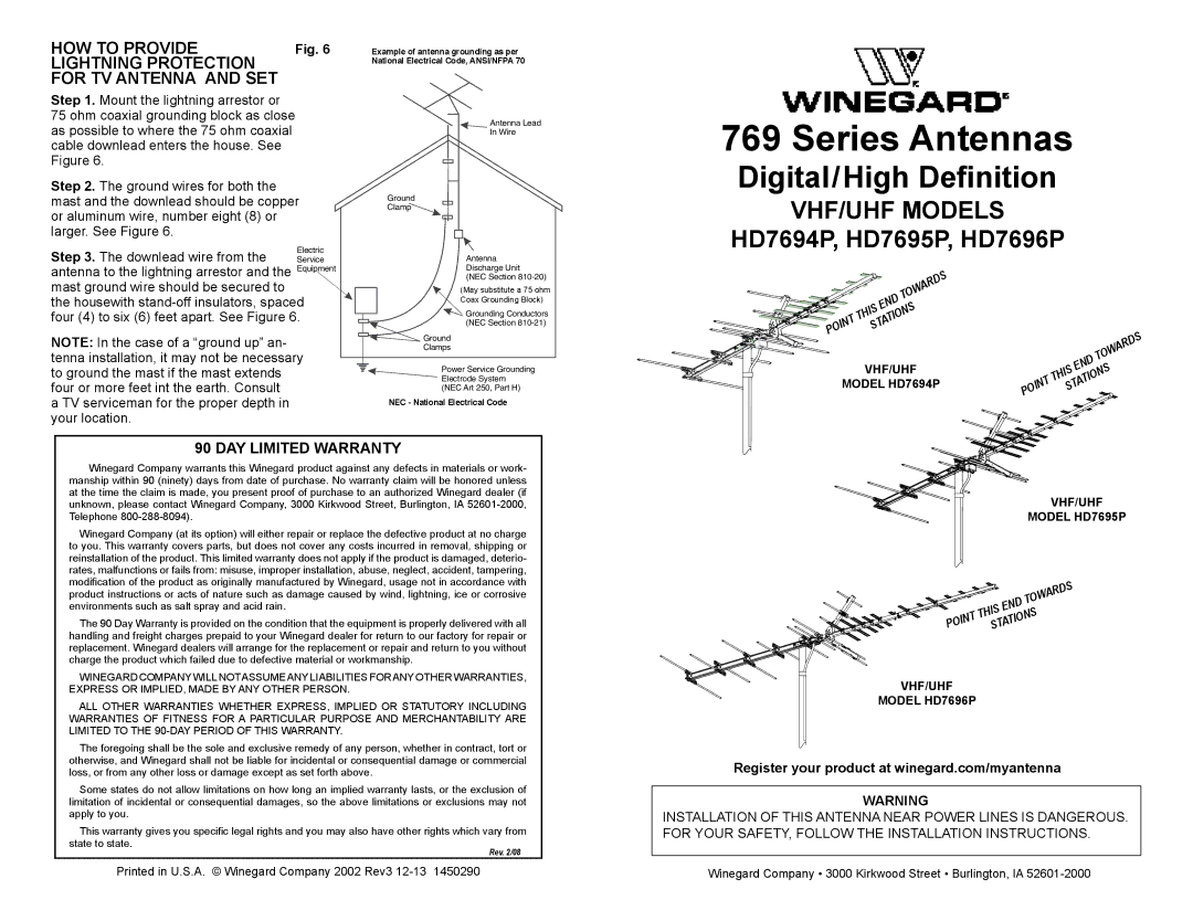 Winegard warranty Series Antennas, Digital/High Definition, VHF/UHF Models, HD7694P, HD7695P, HD7696P 