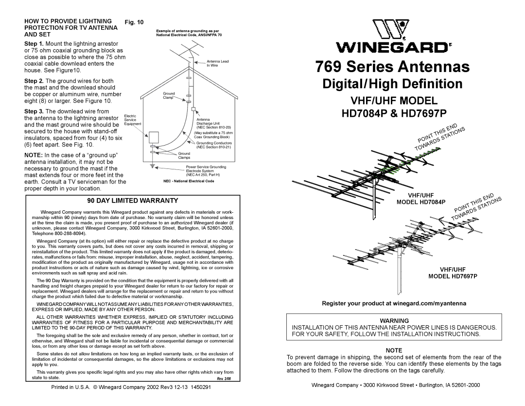 Winegard warranty HOW to Provide Lightning Protection for TV Antenna SET, Vhf/Uhf, Model HD7084P, VHF/UHF Model HD7697P 