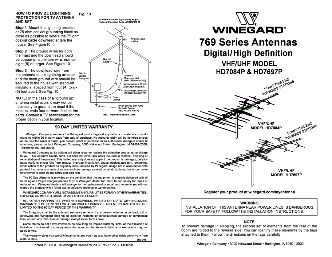 Winegard warranty How To Provide Lightning, Protection For Tv Antenna, And Set, Vhf/Uhf, MODEL HD7084P, Series Antennas 