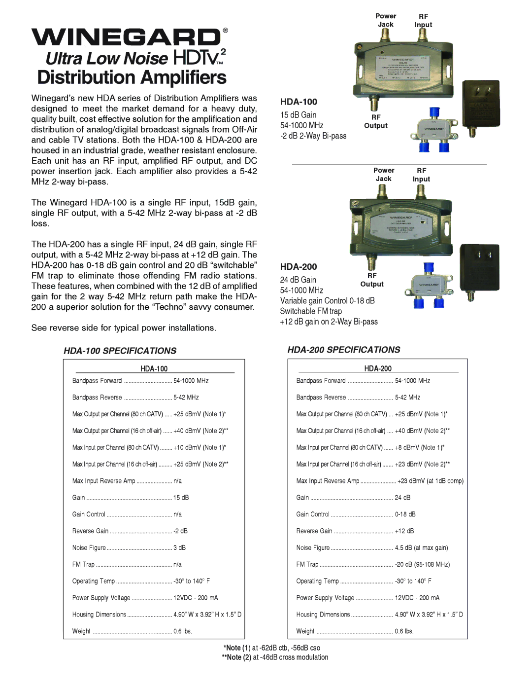 Winegard specifications Distribution Amplifiers, HDA-100 Specifications, HDA-200 Specifications 