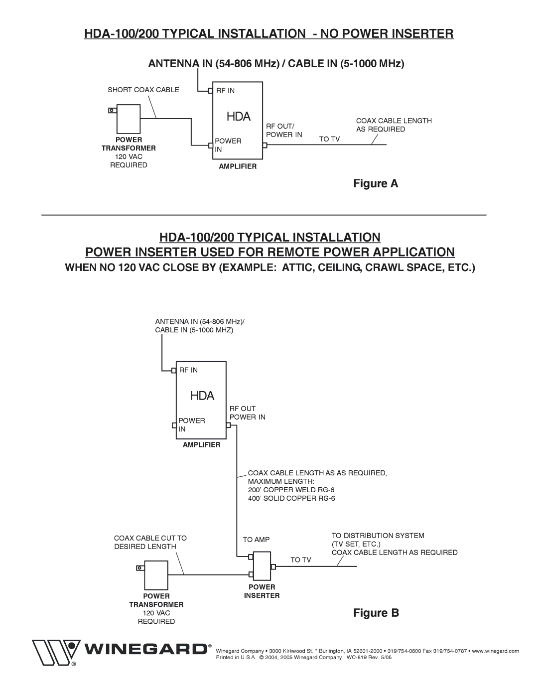 Winegard HDA-200 specifications HDA-100/200 Typical Installation no Power Inserter, Figure a 
