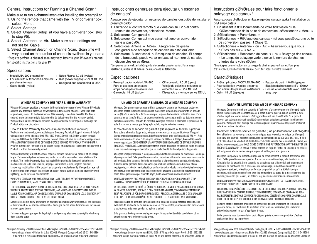 Winegard LNA-200 manual General Instructions for Running a Channel Scan, Specifications, Especificaciones, Caractéristiques 