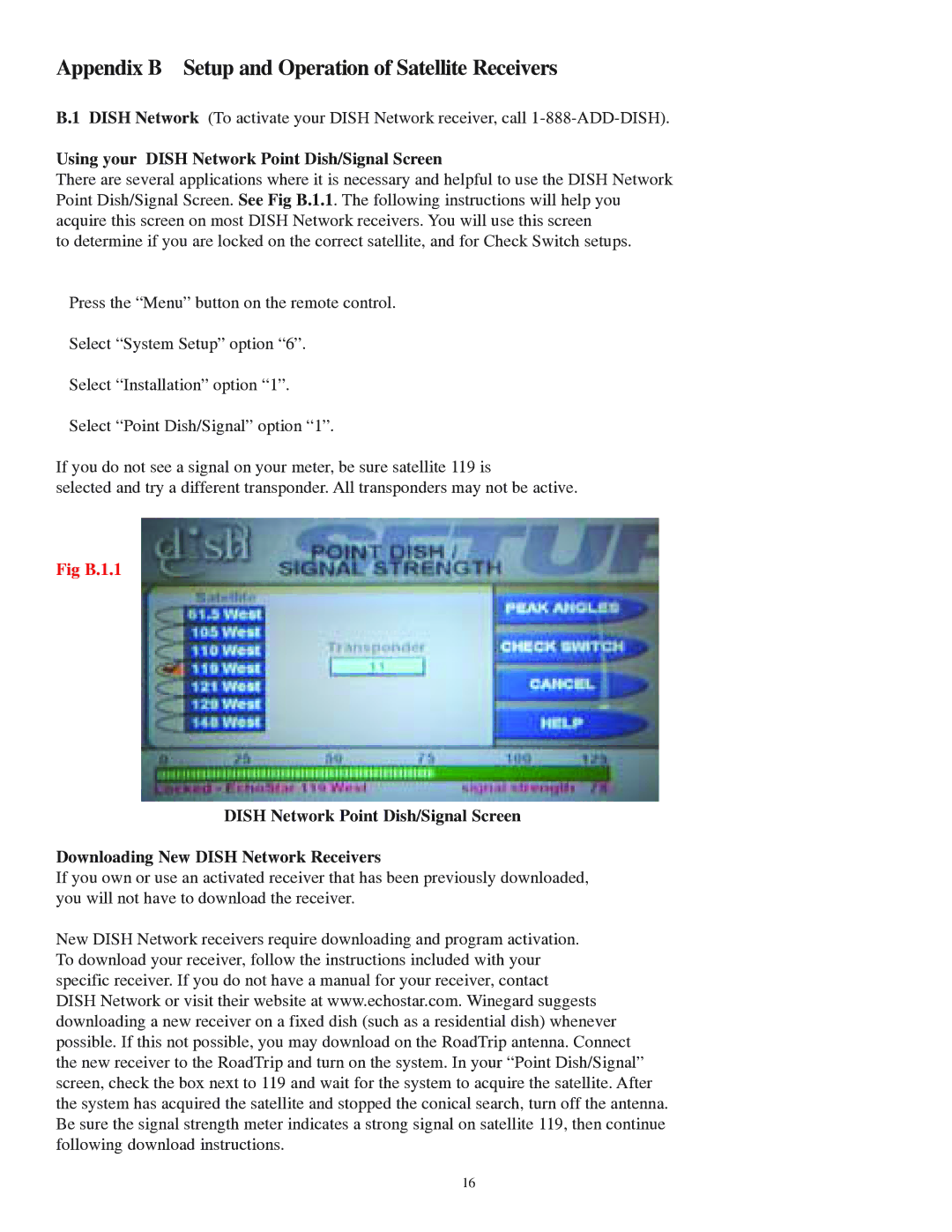 Winegard LP-1000 Appendix B Setup and Operation of Satellite Receivers, Using your Dish Network Point Dish/Signal Screen 