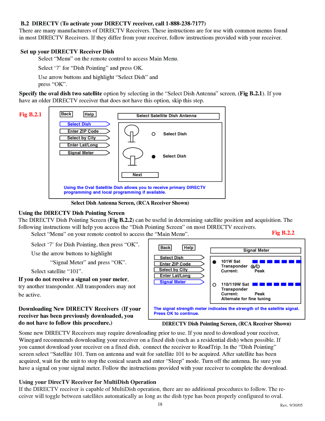 Winegard LP-1000 operation manual Directv To activate your Directv receiver, call, Set up your Directv Receiver Dish 