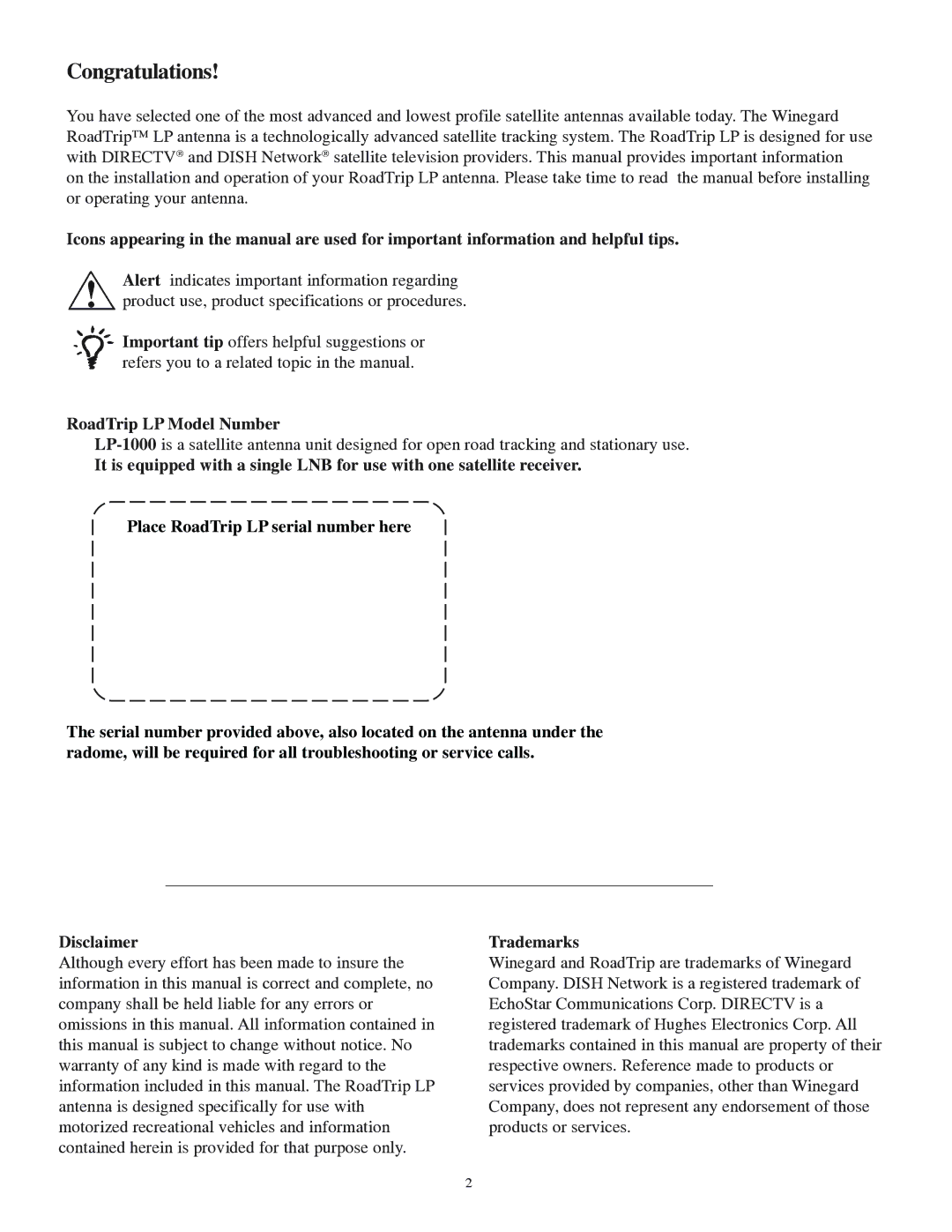 Winegard LP-1000 operation manual Congratulations, RoadTrip LP Model Number, Trademarks 