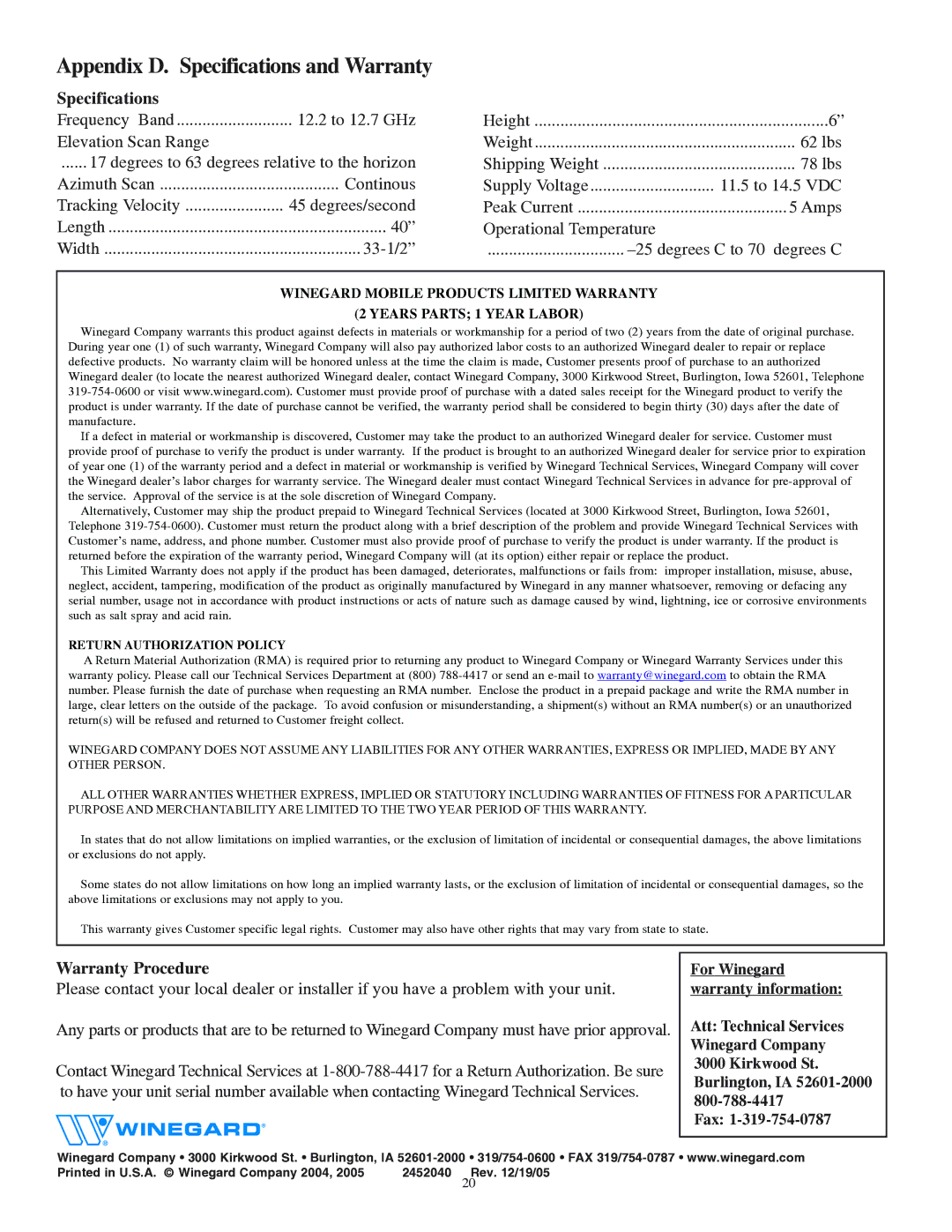 Winegard LP-1000 operation manual Appendix D. Specifications and Warranty, Warranty Procedure 