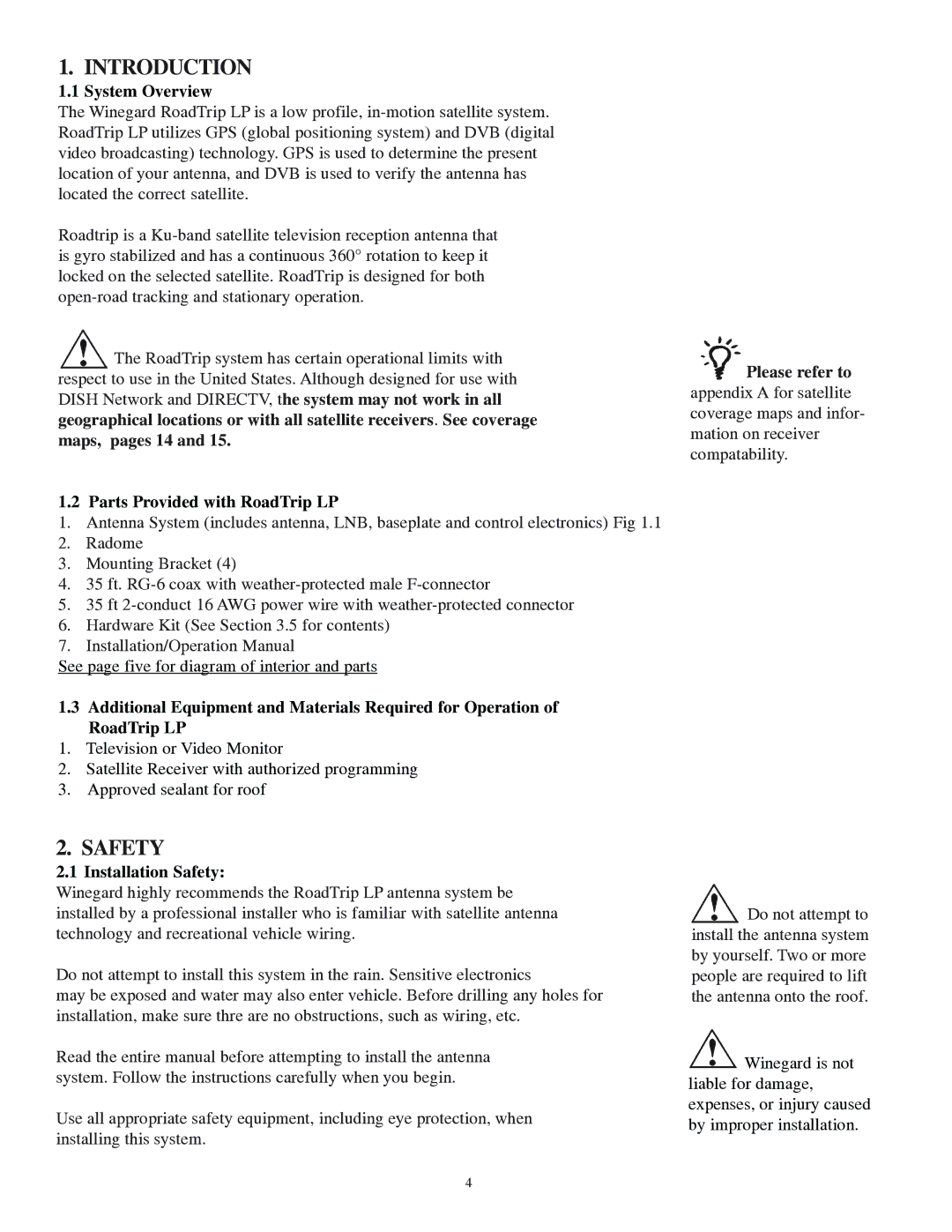 Winegard LP-1000 operation manual System Overview, Parts Provided with RoadTrip LP, Installation Safety 