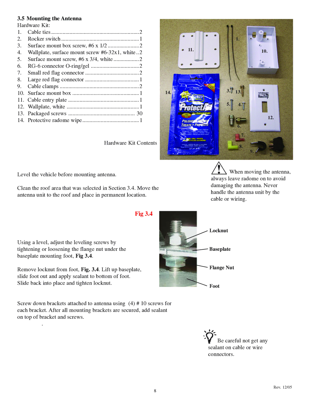 Winegard LP-1000 operation manual Mounting the Antenna Hardware Kit, Hardware Kit Contents 