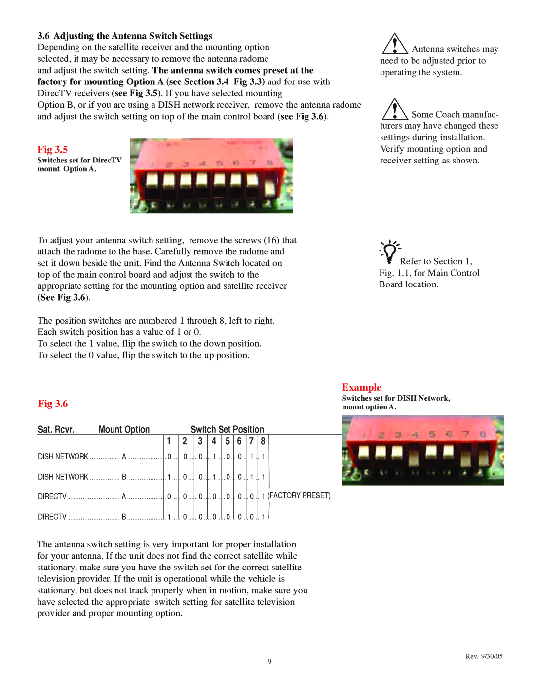 Winegard LP-1000 operation manual Adjusting the Antenna Switch Settings, Sat. Rcvr Mount Option 