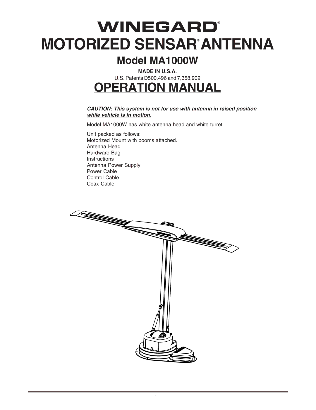 Winegard MA1000W operation manual Winegard Motorized Sensar Antenna, Made in U.S.A 