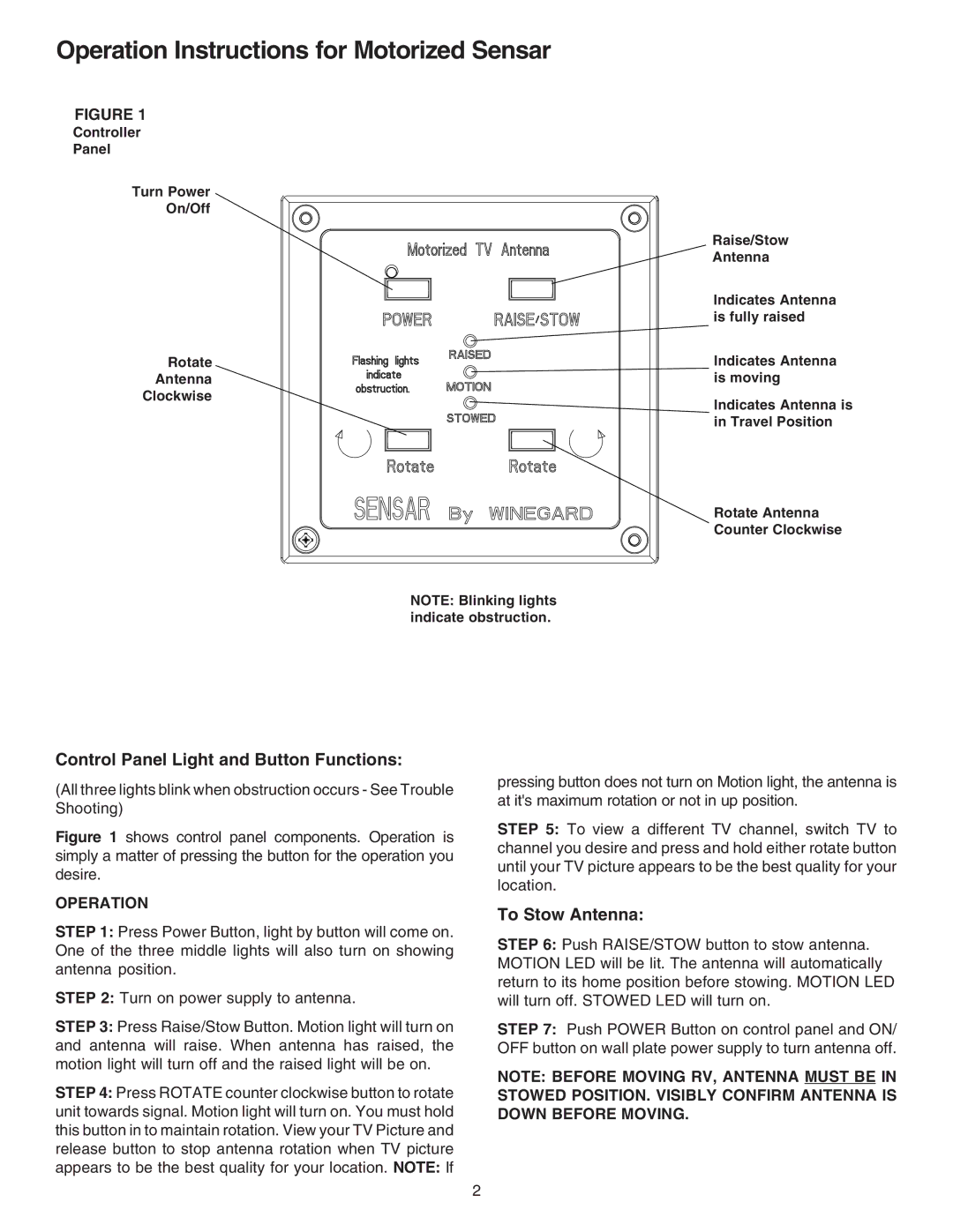 Winegard MA1000W operation manual Operation Instructions for Motorized Sensar 