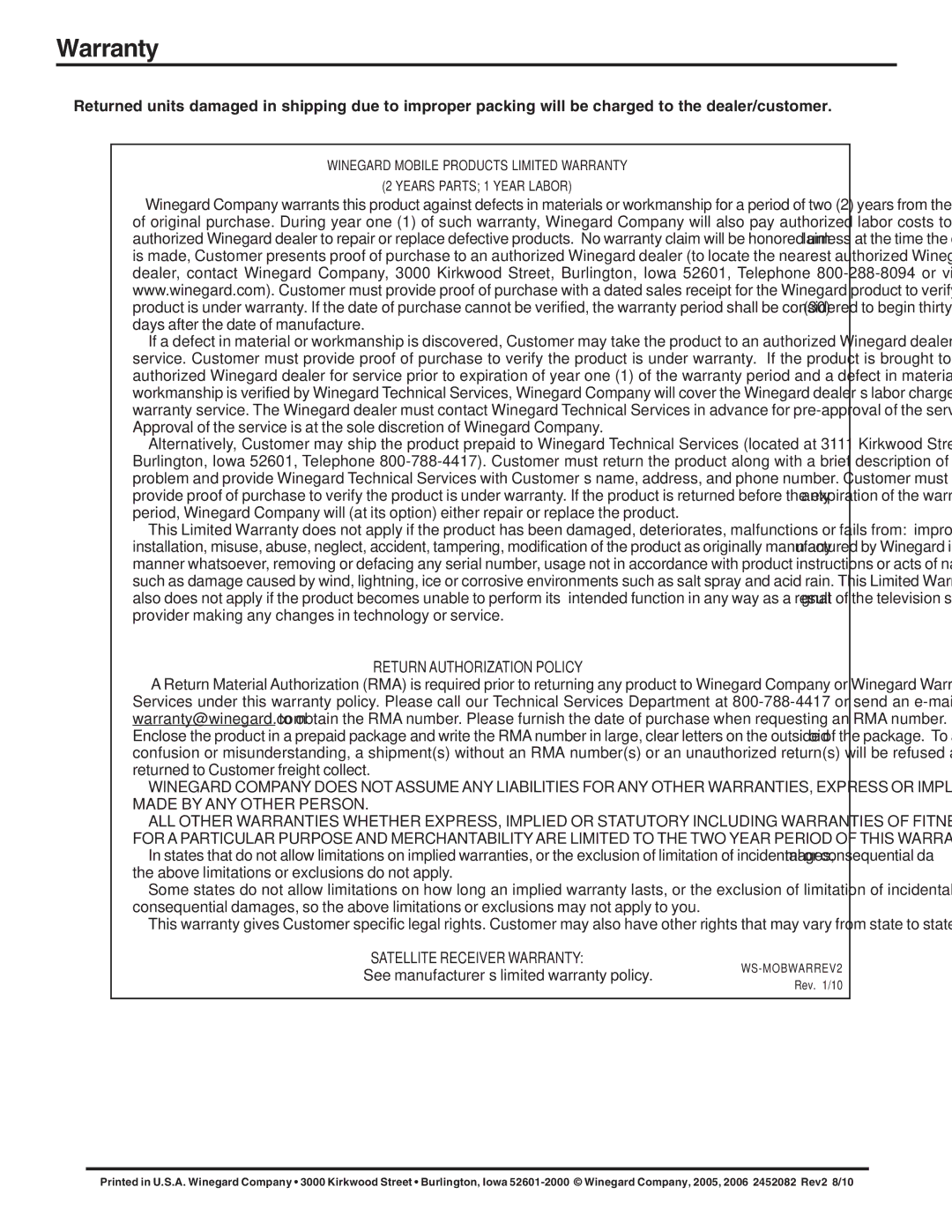 Winegard MA1000W operation manual Warranty, Return Authorization Policy 