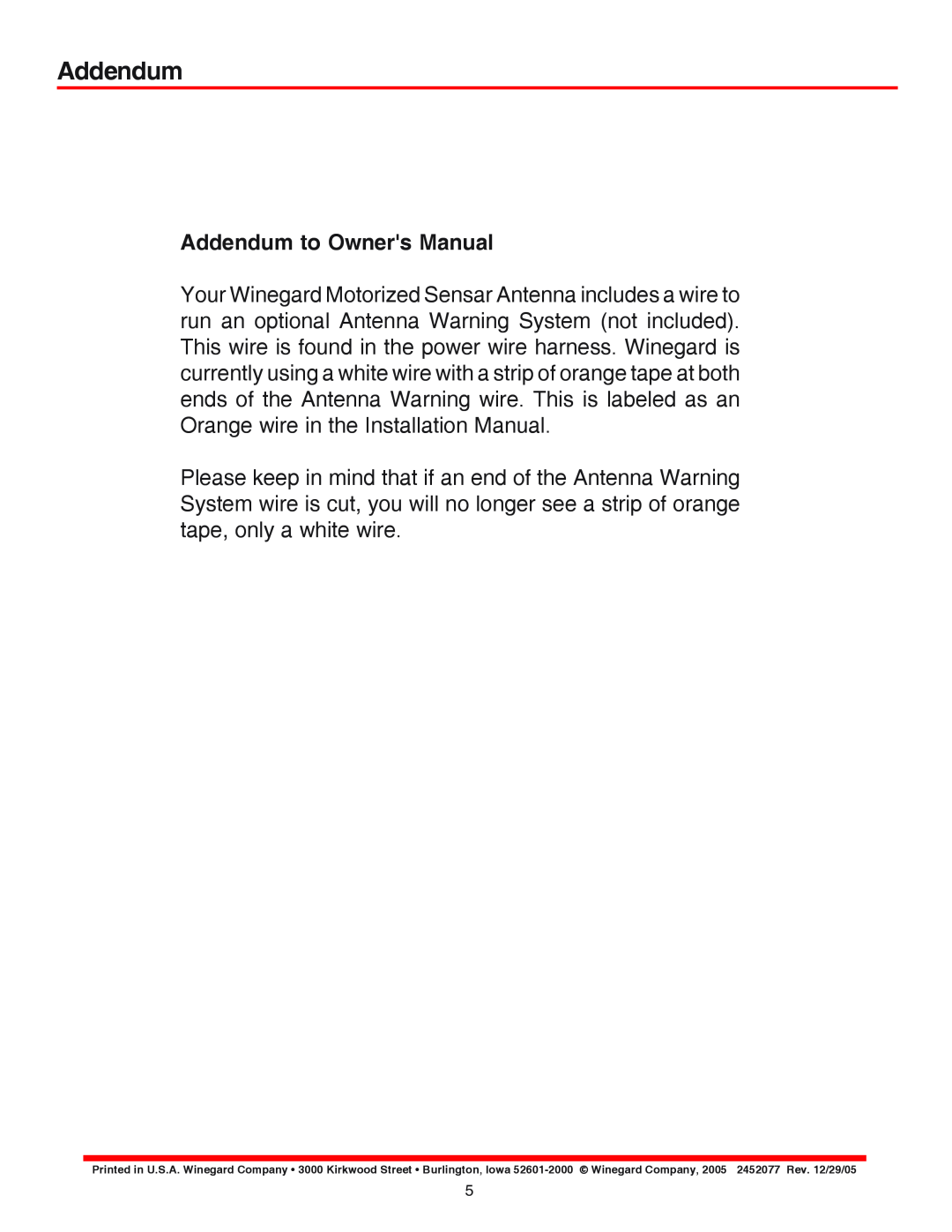 Winegard MA1000W operation manual Addendum to Owners Manual 