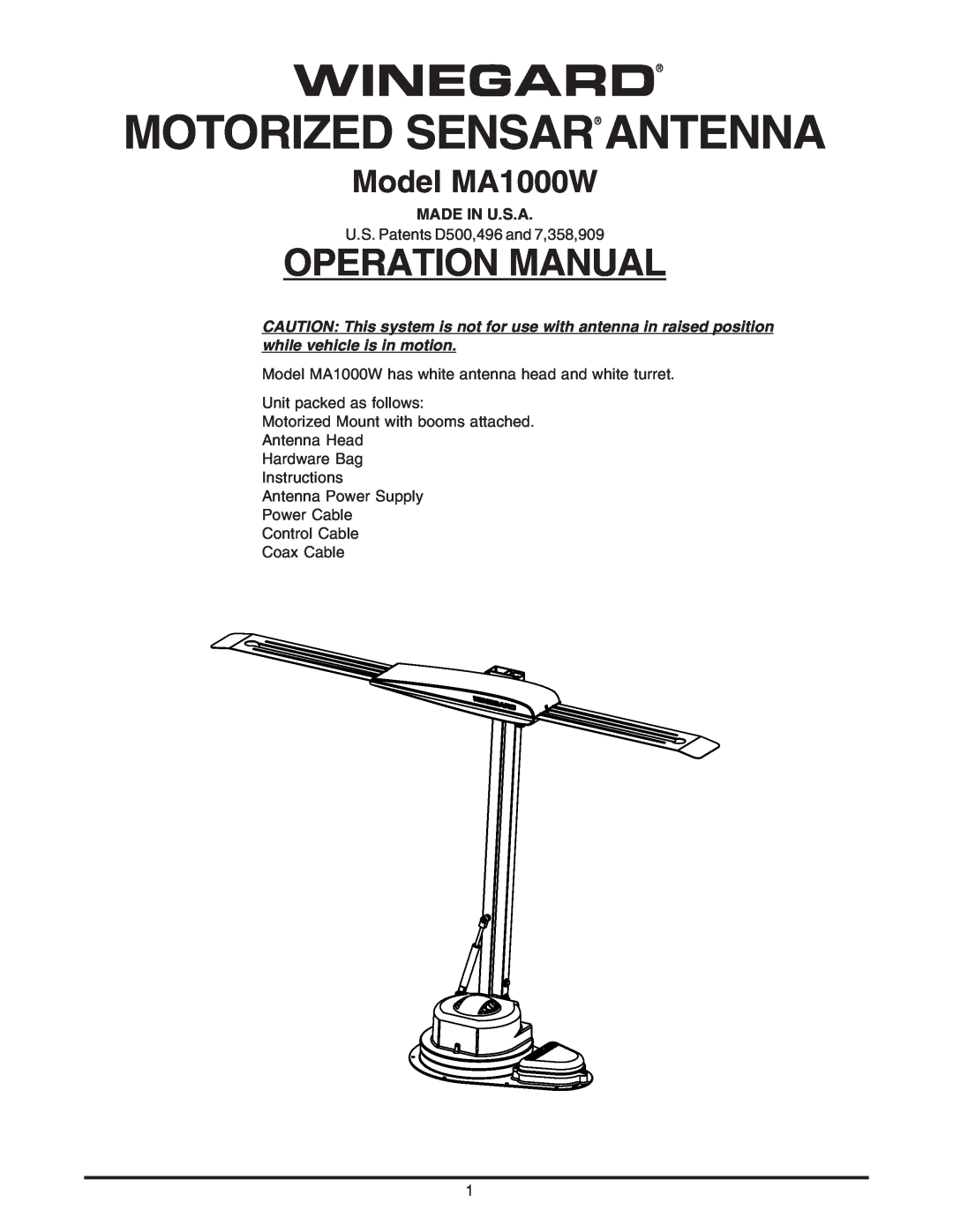 Winegard operation manual Winegard Motorized Sensar Antenna, Model MA1000W, Made In U.S.A 
