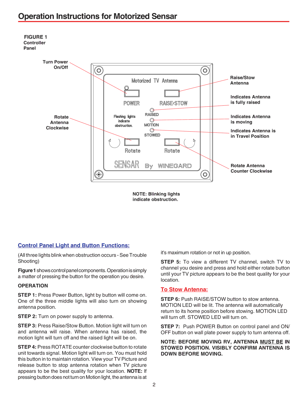 Winegard MA1055G, MA1055W Operation Instructions for Motorized Sensar, Control Panel Light and Button Functions 