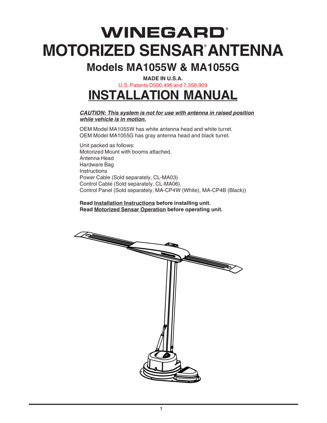 Winegard MA1055W, MA1055G installation manual Winegard Motorized Sensar Antenna 