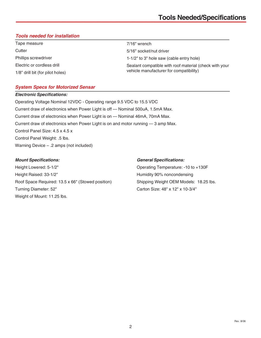 Winegard MA1055G, MA1055W installation manual Tools Needed/Specifications, Tools needed for installation 