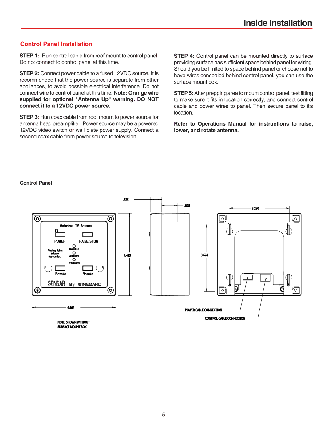 Winegard MA1055W, MA1055G installation manual Inside Installation, Control Panel Installation 