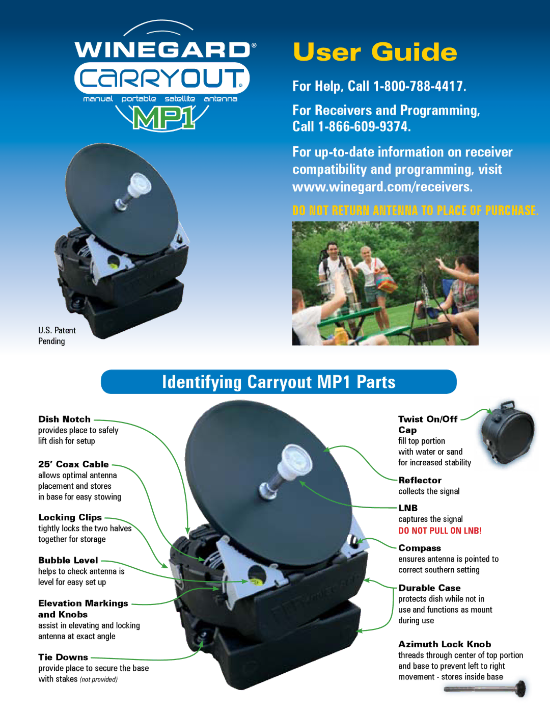 Winegard manual Identifying Carryout MP1 Parts, Patent Pending, Provide place to secure the base, Captures the signal 