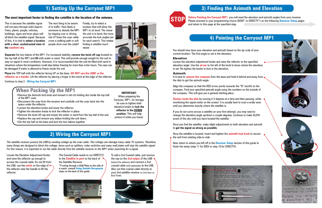 Winegard manual Setting Up the Carryout MP1, Finding the Azimuth and Elevation, Wiring the Carryout MP1 