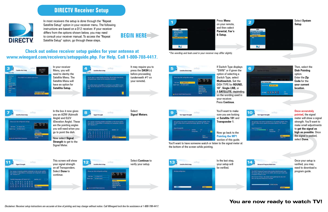 Winegard MP1 manual Directv Receiver Setup 