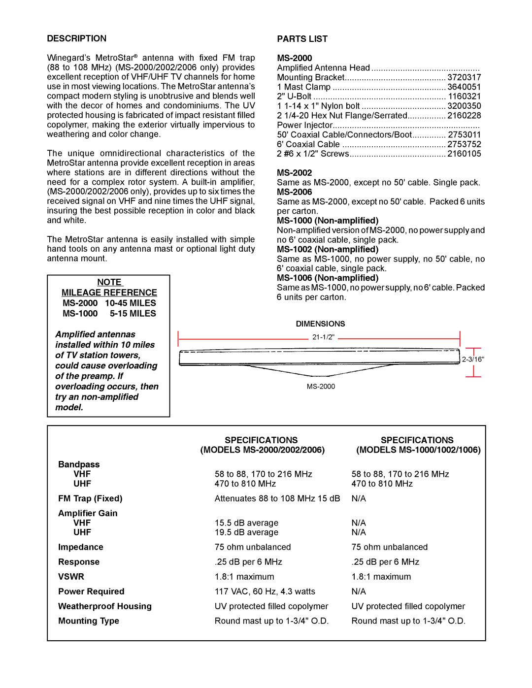 Winegard MS-2000, MS-2006 BULK, MS-2002, MS-1002, MS-1000 Description Parts List, Mileage Reference, Specifications, Vhf Uhf 