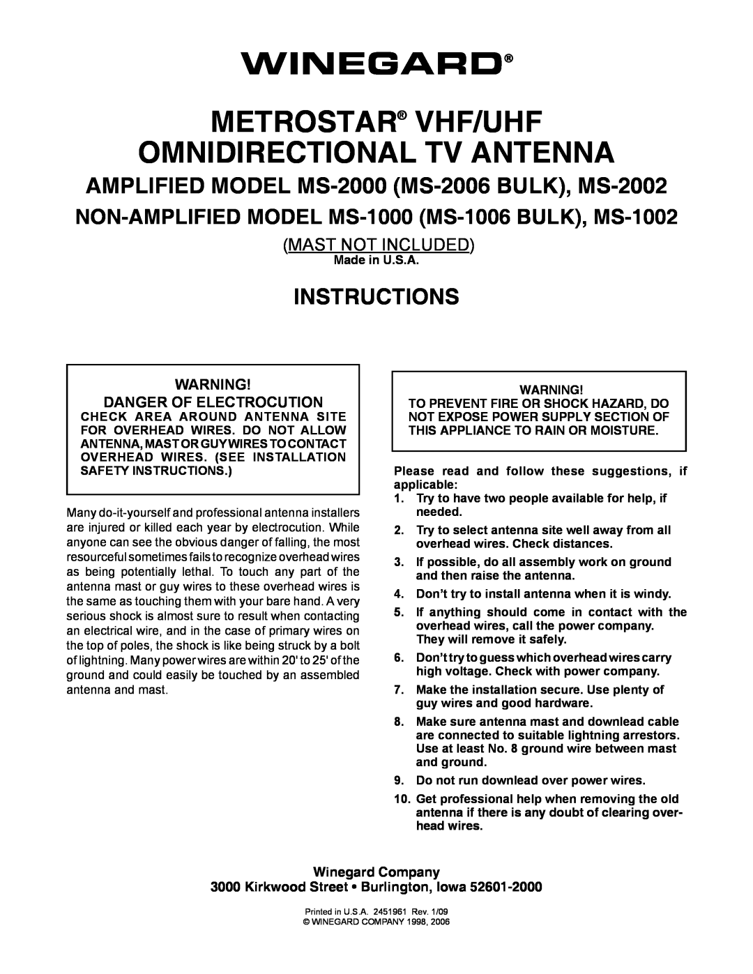 Winegard MS-2002 manual Danger Of Electrocution, Made in U.S.A, Winegard, Metrostar Vhf/Uhf Omnidirectional Tv Antenna 