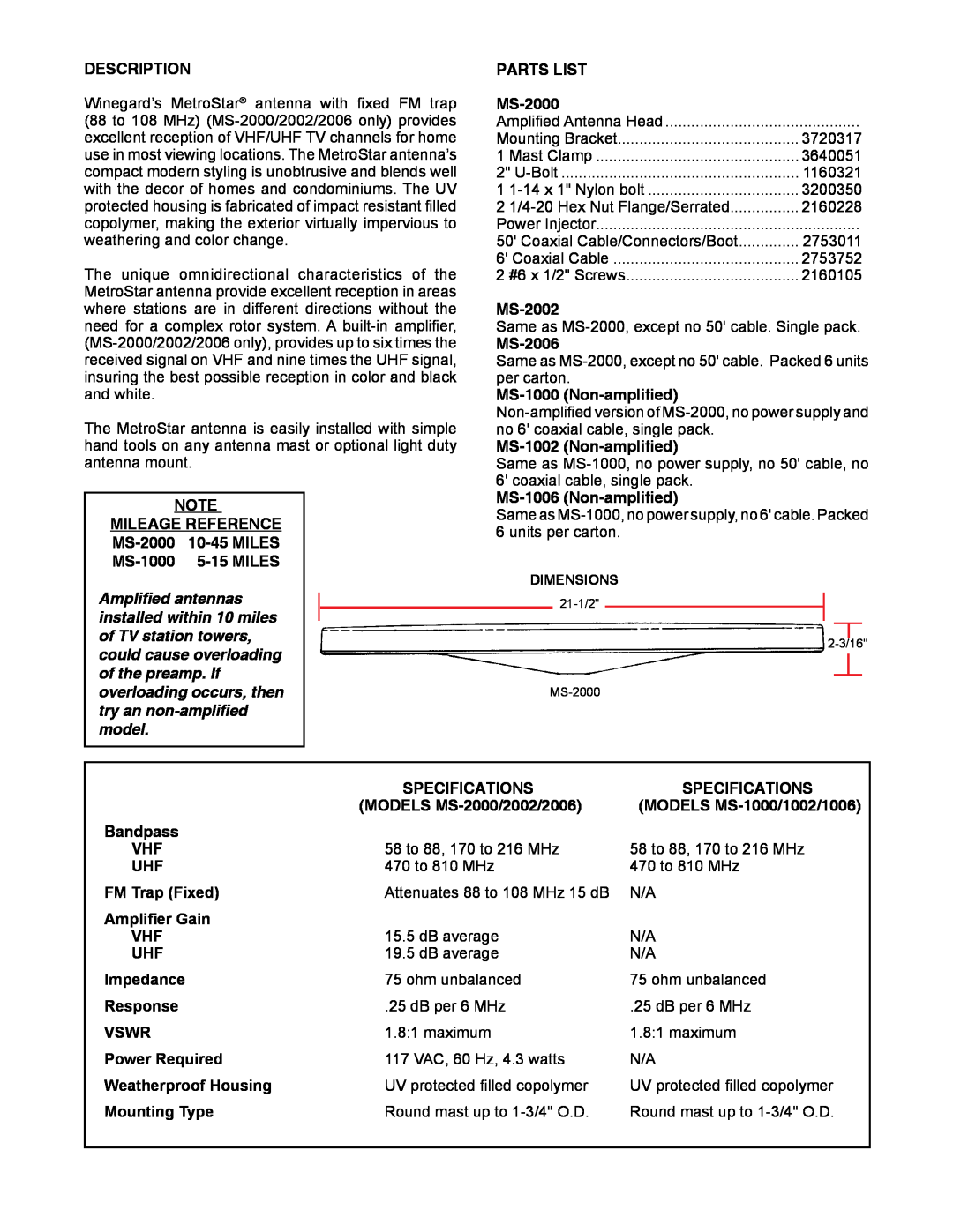 Winegard MS-2000 Description, Parts List, MS-2002, MS-2006, MS-1000 Non-amplified, MS-1002 Non-amplified, Miles, Bandpass 