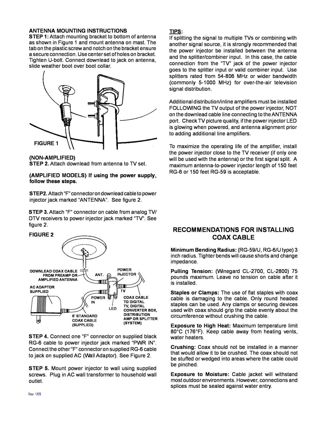 Winegard MS-1002, MS-2006 BULK Recommendations For Installing, Coax Cable, Antenna Mounting Instructions, Non-Amplified 