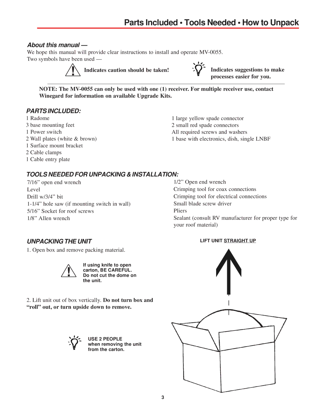 Winegard MV-0055 Parts Included Tools Needed How to Unpack, About this manual, Indicates caution should be taken 