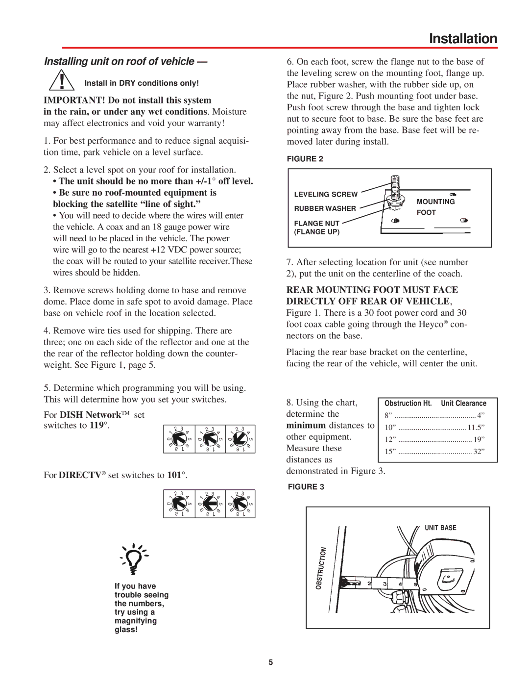 Winegard MV-0055 manual Installation, Installing unit on roof of vehicle, For Dish NetworkTM set switches to 