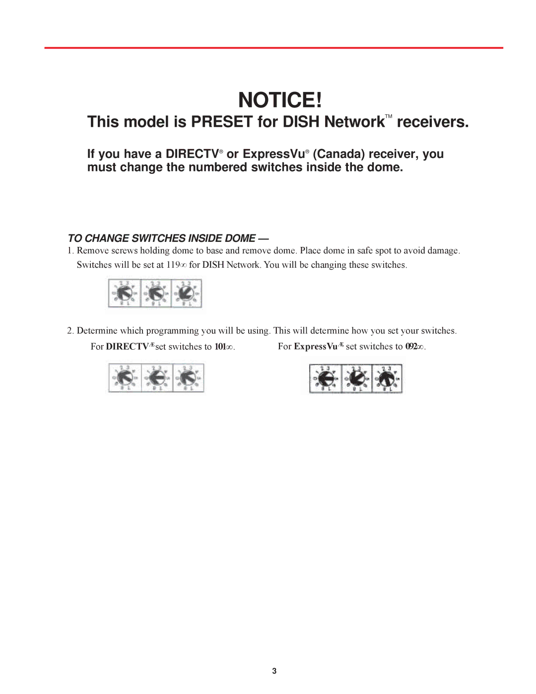 Winegard MV-0099 manual This model is Preset for Dish NetworkTM receivers, To Change Switches Inside Dome 