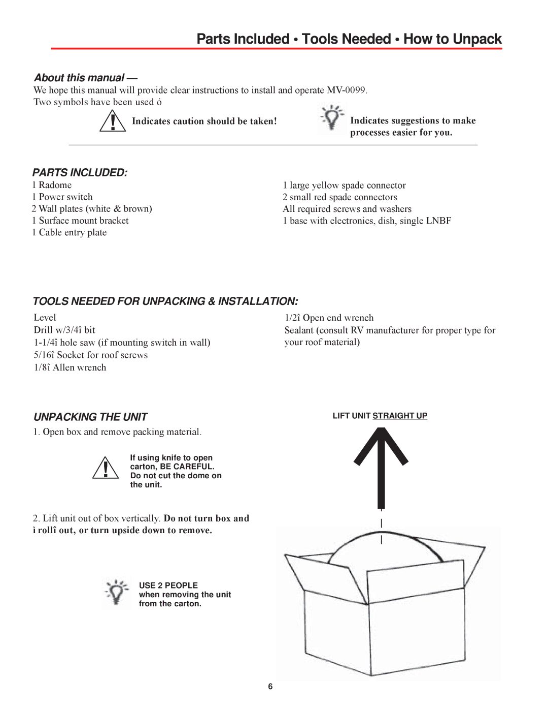 Winegard MV-0099 Parts Included Tools Needed How to Unpack, About this manual, Tools Needed for Unpacking & Installation 