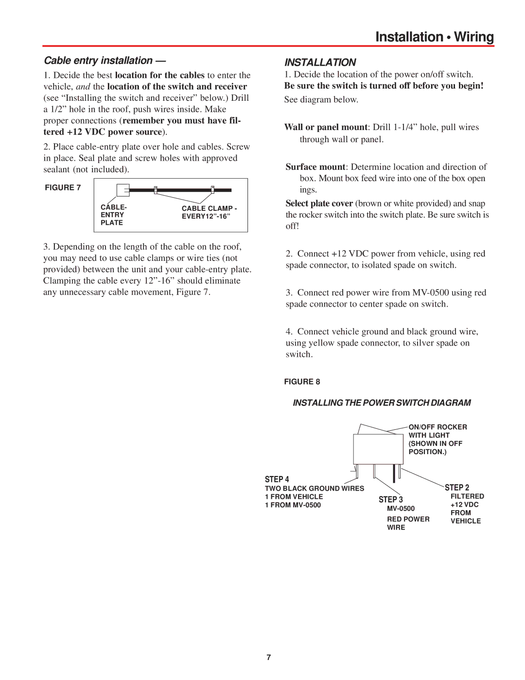 Winegard MV-0500 manual Installation Wiring, Cable entry installation 