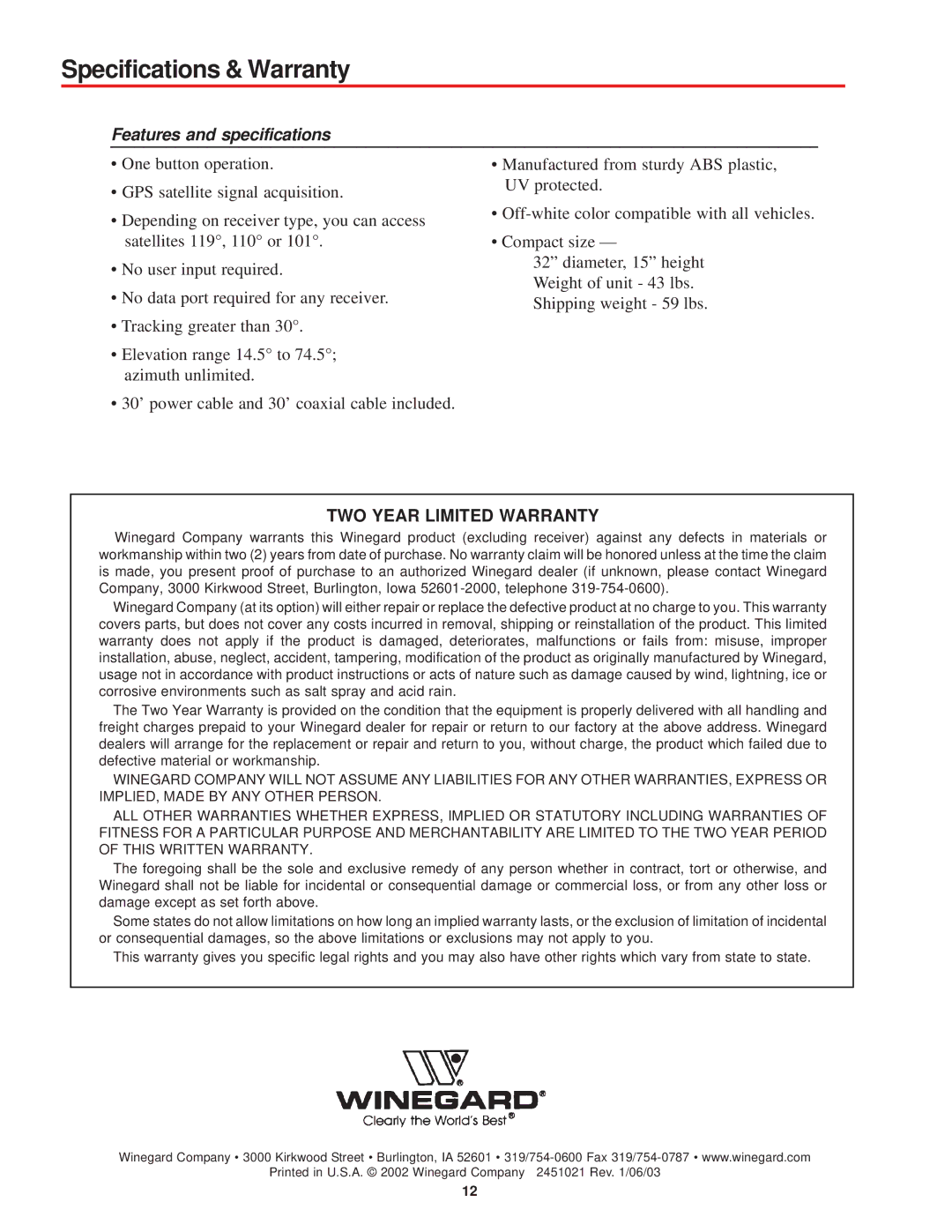 Winegard MV-2222, MV-1111 manual Specifications & Warranty, Features and specifications 