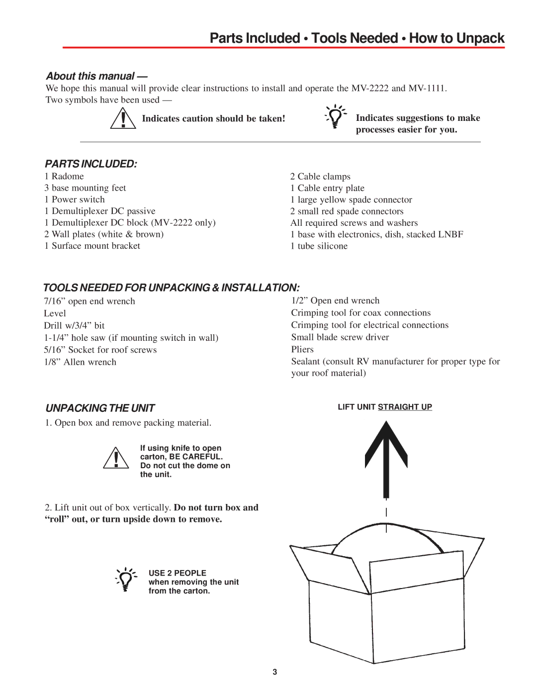 Winegard MV-1111, MV-2222 Parts Included Tools Needed How to Unpack, About this manual, Indicates caution should be taken 