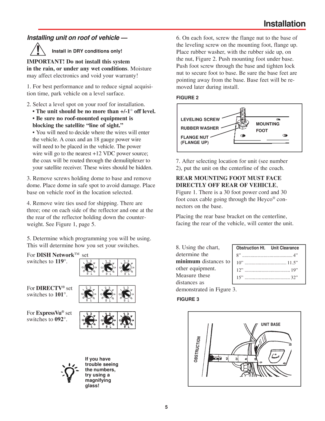 Winegard MV-1111, MV-2222 manual Installation, Installing unit on roof of vehicle, For Dish NetworkTM set switches to 