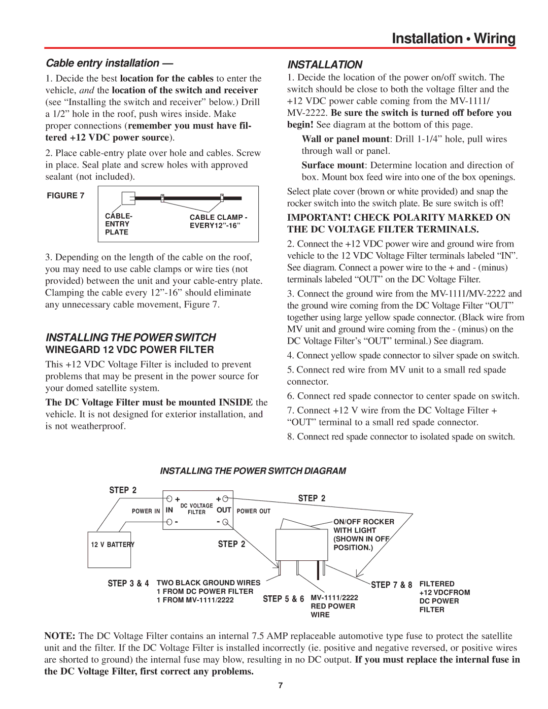 Winegard MV-1111, MV-2222 manual Installation Wiring, Cable entry installation 