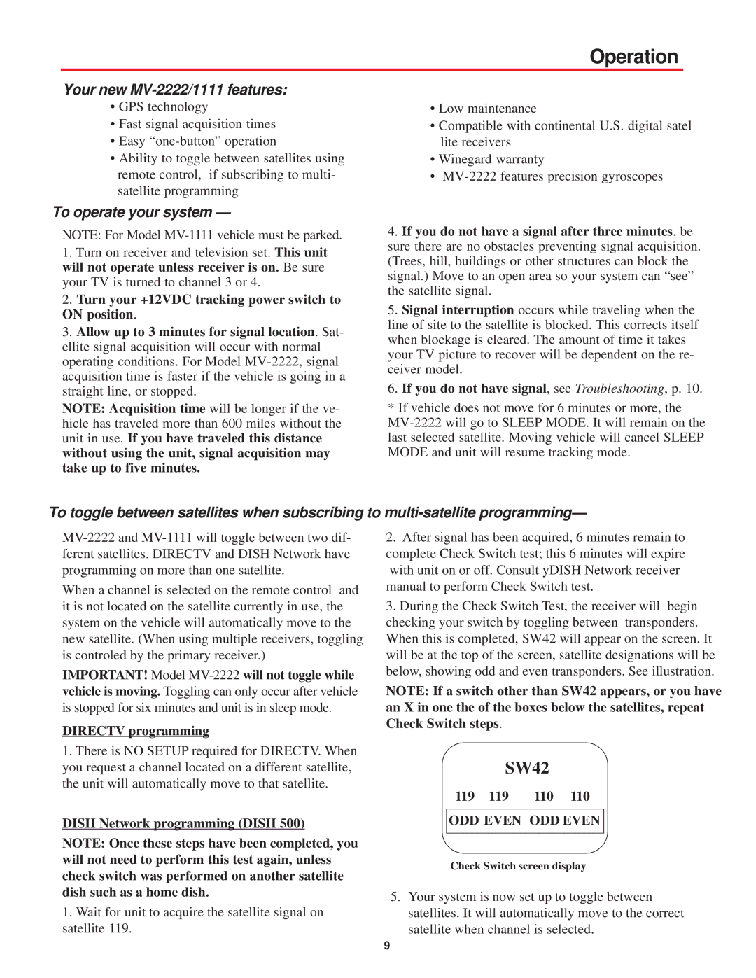 Winegard MV-1111 manual Operation, Your new MV-2222/1111 features, To operate your system 