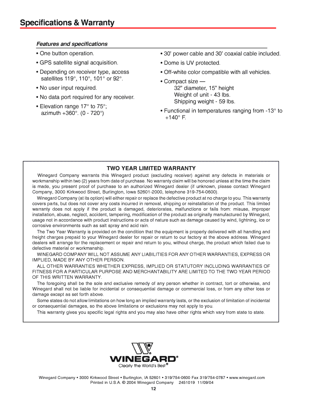 Winegard MV-3500 manual Specifications & Warranty, Features and specifications 