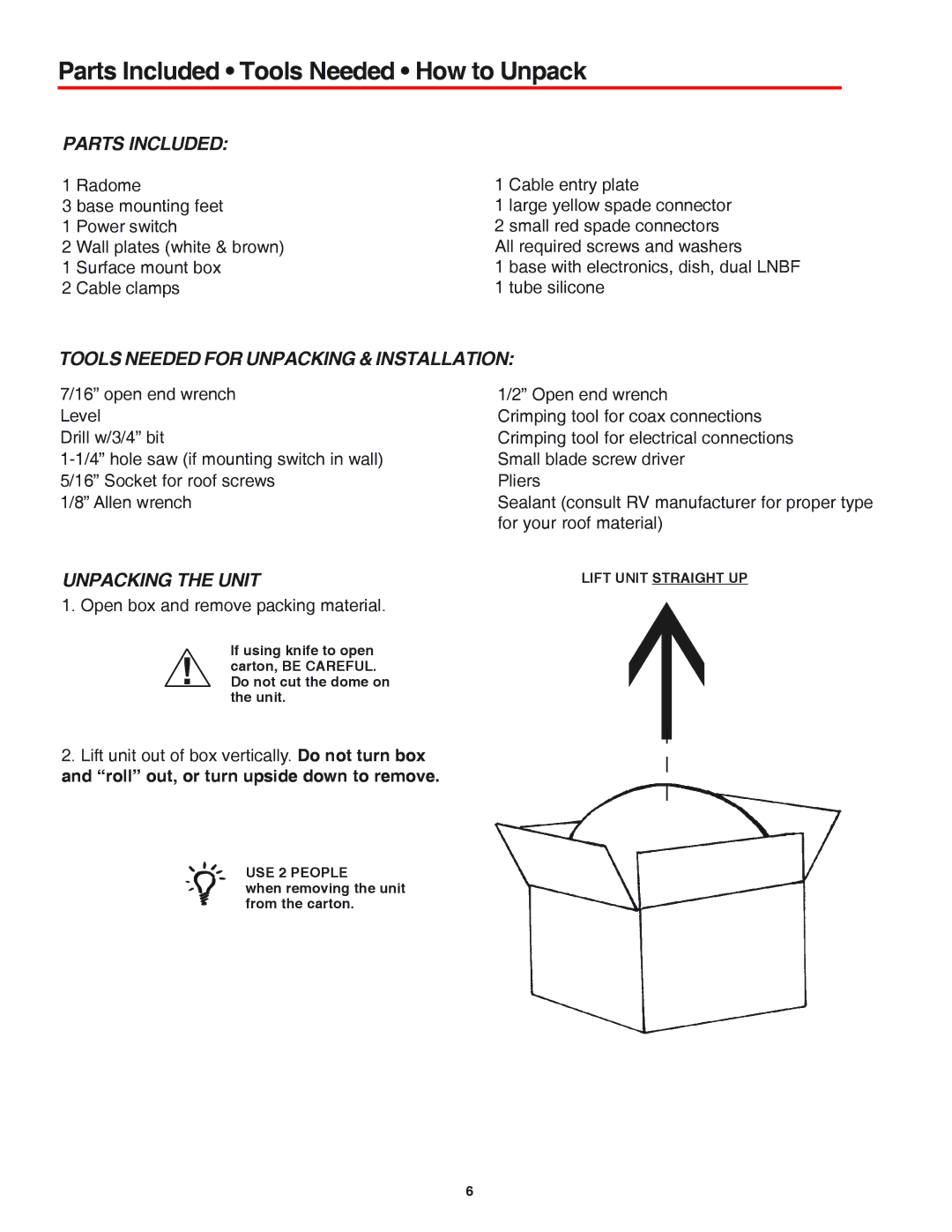 Winegard MV-3500 Parts Included Tools Needed How to Unpack, Tools Needed for Unpacking & Installation, Unpacking the Unit 