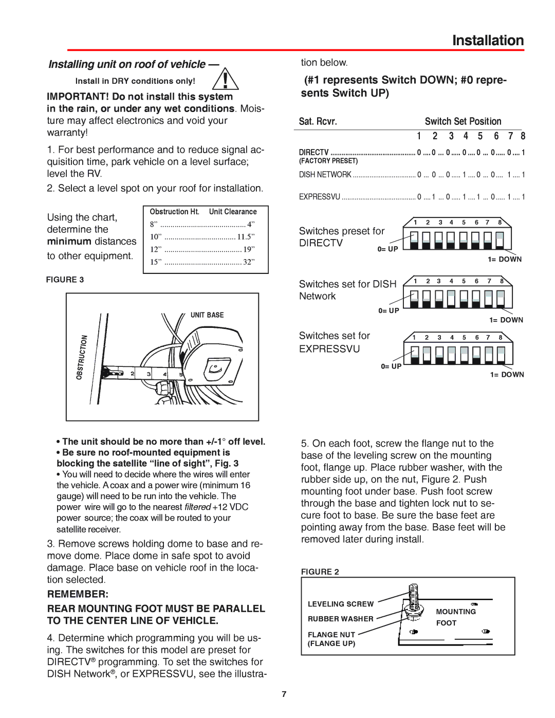 Winegard MV-3500 Installation, Installing unit on roof of vehicle, IMPORTANT! Do not install this system, Switches set for 