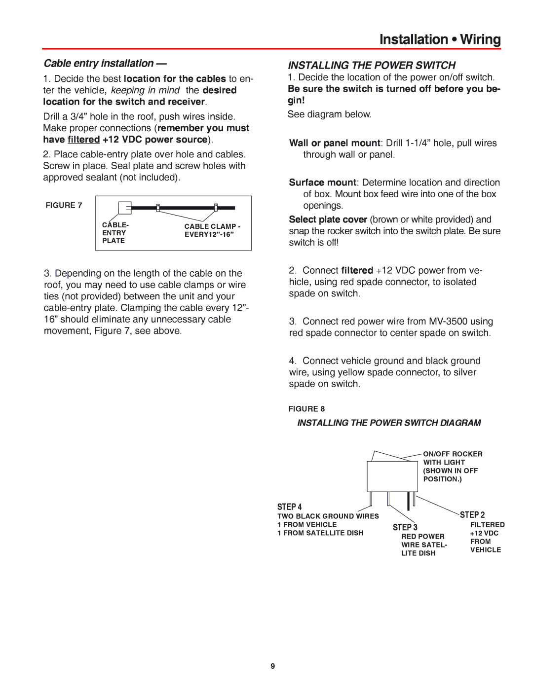 Winegard MV-3500 manual Installation Wiring, Cable entry installation, Installing the Power Switch 