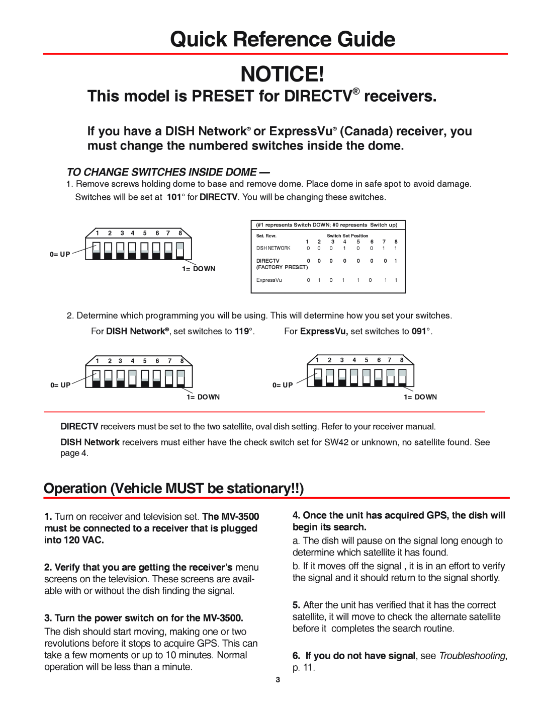 Winegard MV-3500 This model is PRESET for DIRECTV receivers, Operation Vehicle MUST be stationary, Quick Reference Guide 