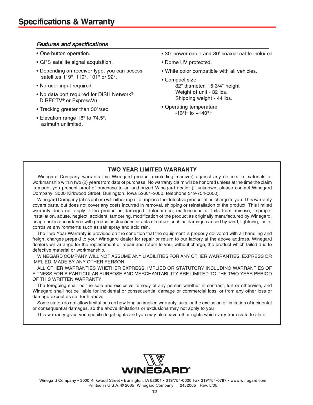 Winegard MV-4000 manual Specifications & Warranty, Features and specifications 