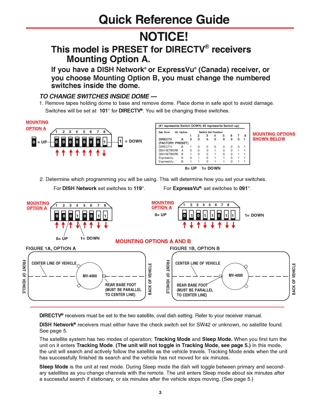 Winegard MV-4000 manual Quick Reference Guide, To Change Switches Inside Dome 