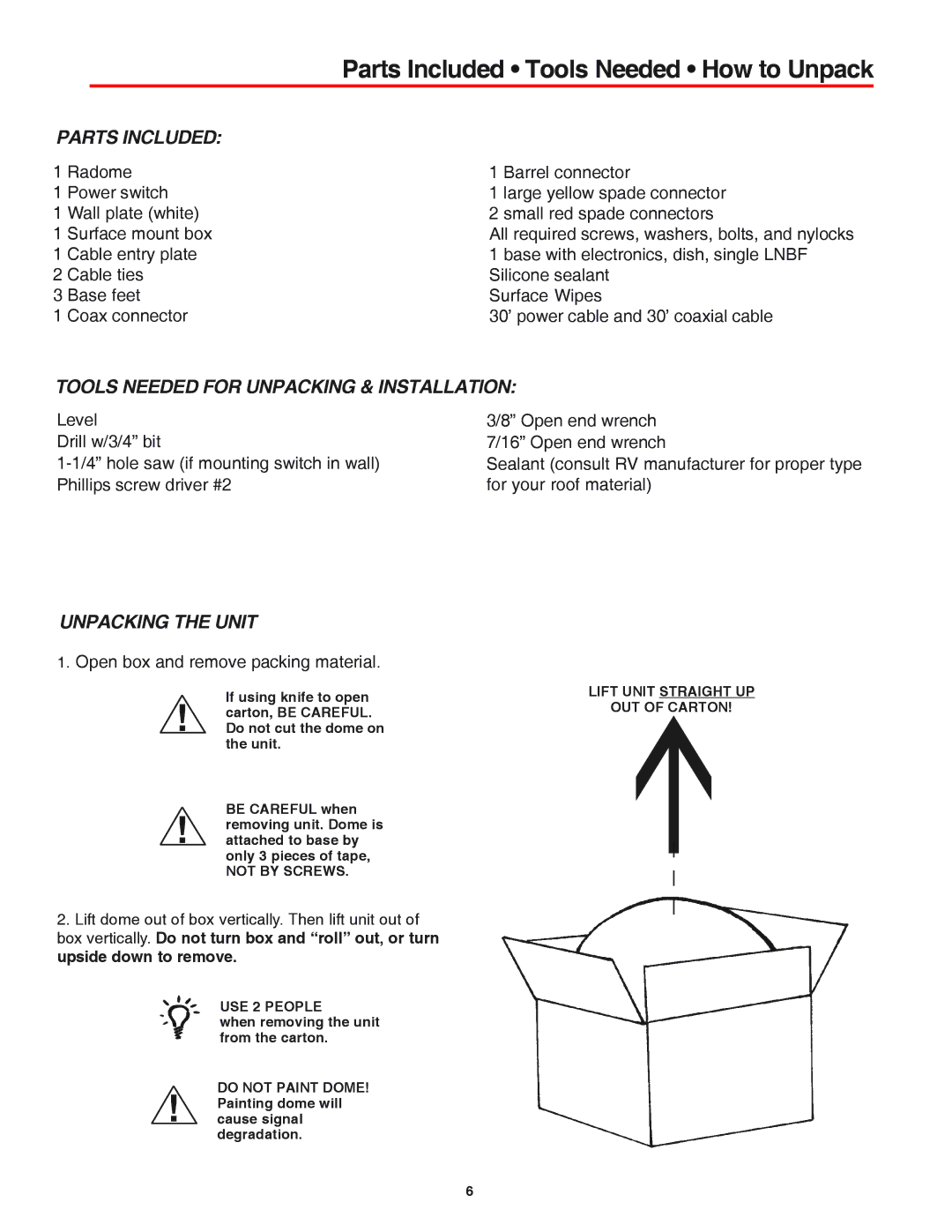 Winegard MV-4000 manual Parts Included, Tools Needed for Unpacking & Installation, Unpacking the Unit 