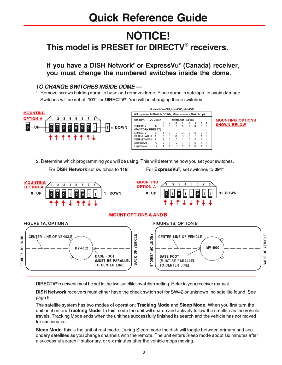 Winegard MV-4002 manual Quick Reference Guide, To Change Switches Inside Dome 