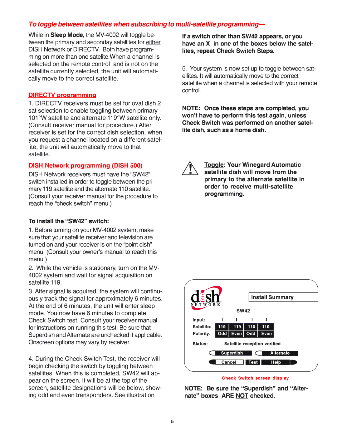 Winegard MV-4002 manual To install the SW42 switch, Install Summary 